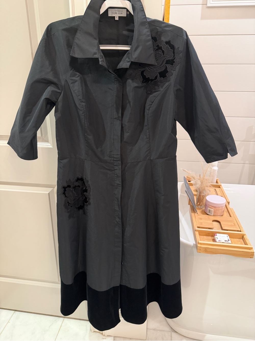 Teri Jon Black Embroidered Midi Shirt Dress